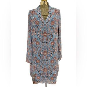 Cabi Provincial Tunic Dress #3295 Blue Brown Boho Floral Long Sleeve Size M EUC